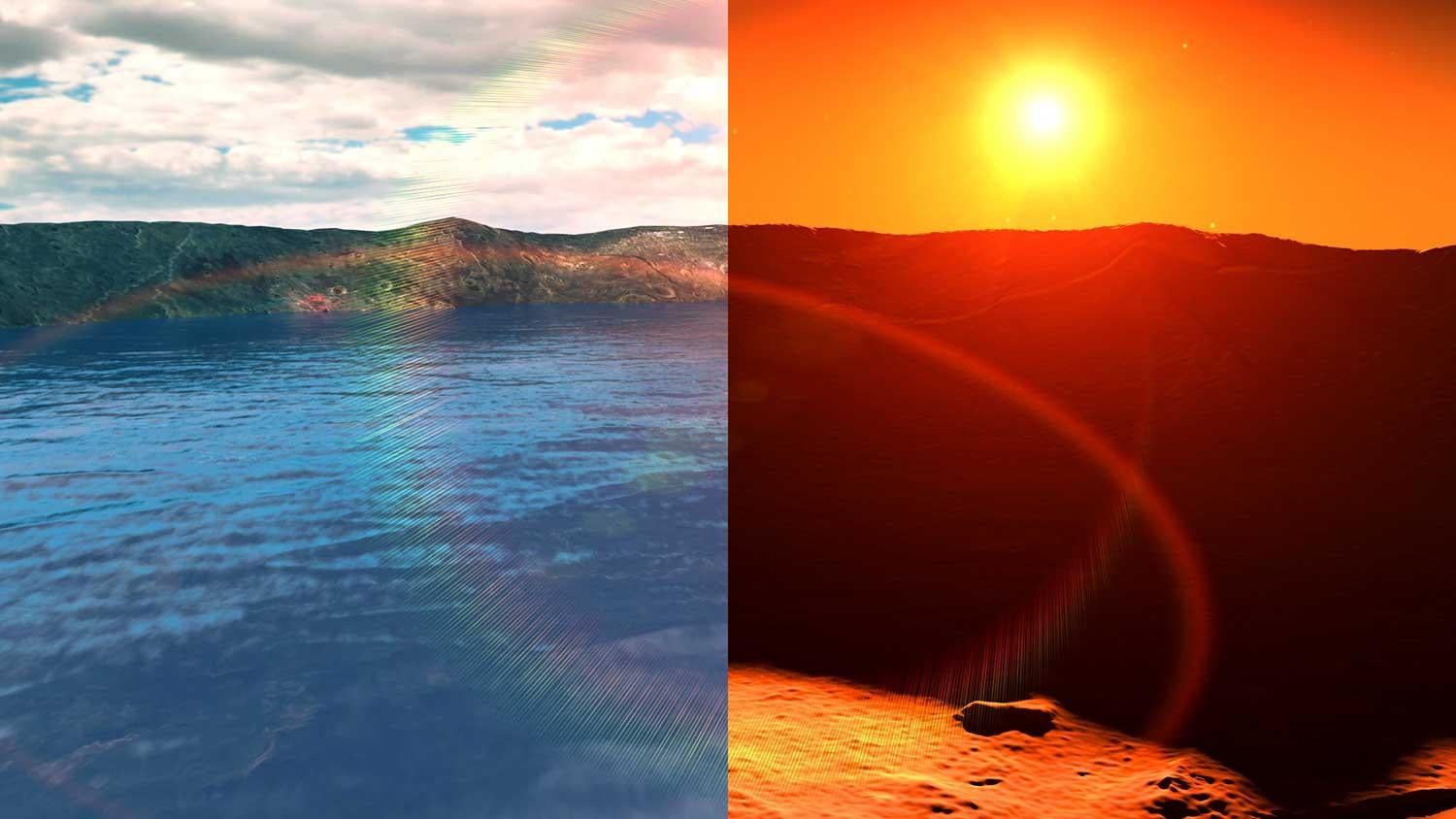 Artist's rendering of Mars crater wet vs. dry