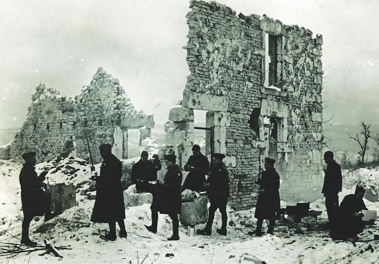 ruins and soldiers in wartime