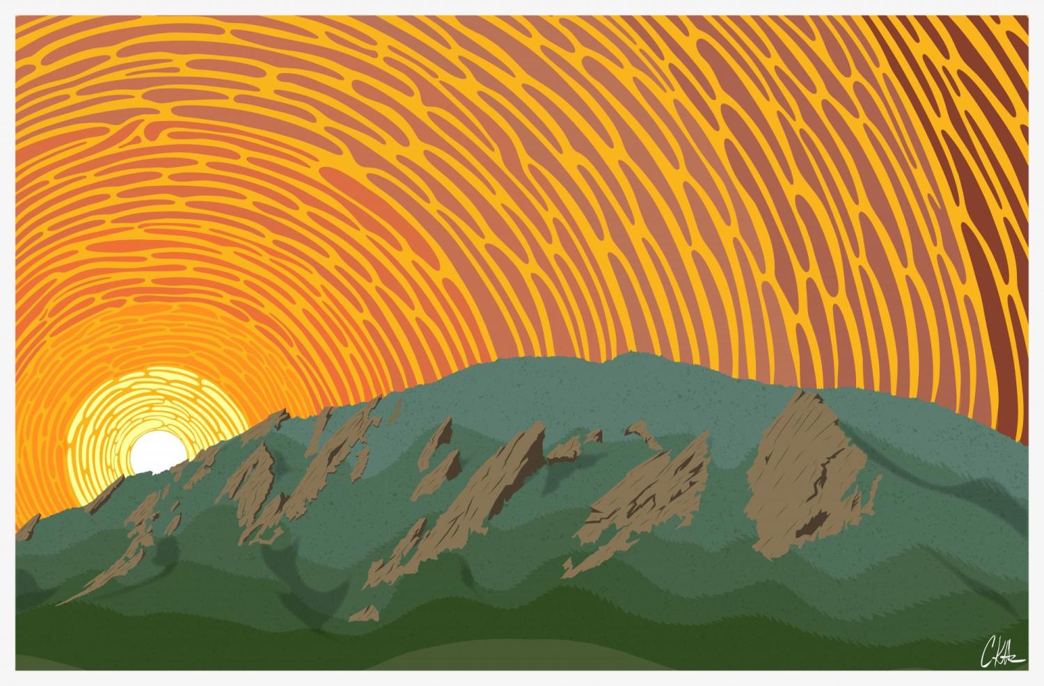 A digital illustration of the Flatirons against an orange sky.