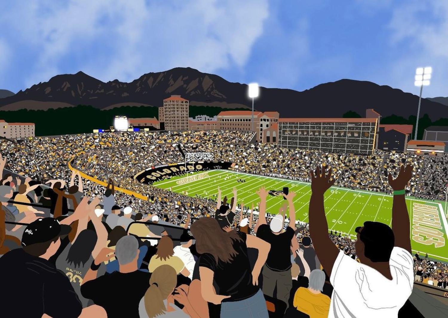 Rachel Maly's artwork depicts a football game at Folsom Field from the point of view of a fan in the stands.