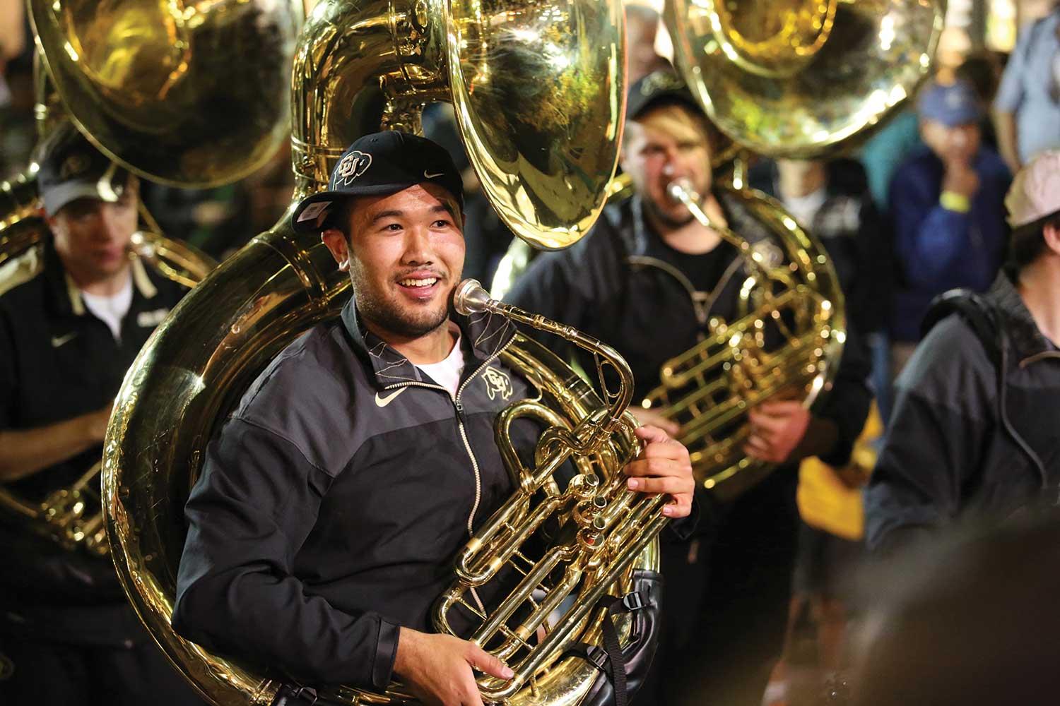 Tuba player in the CU Marching Band