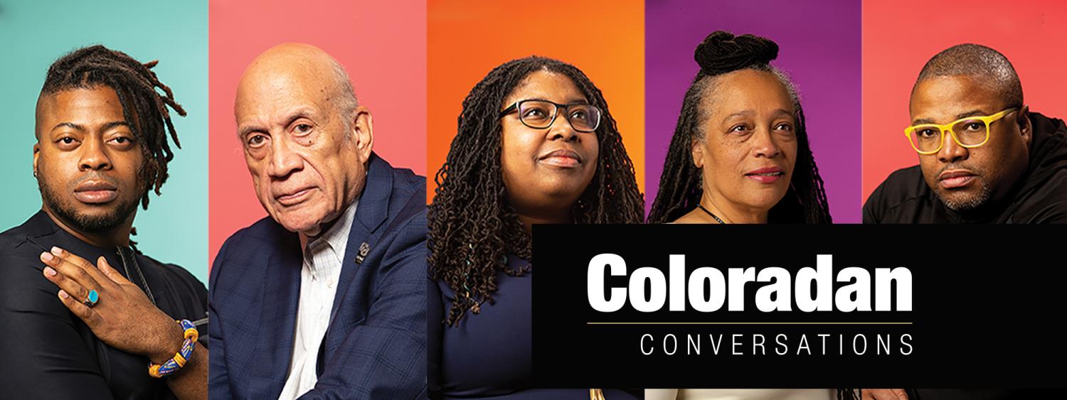 Portraits of Coloradan Conversation essayists in front of a colorful background