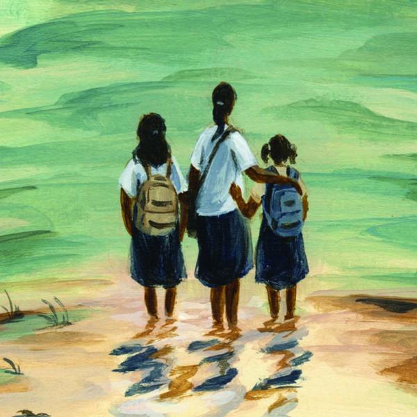 illustration of three young people standing in ankle-deep water