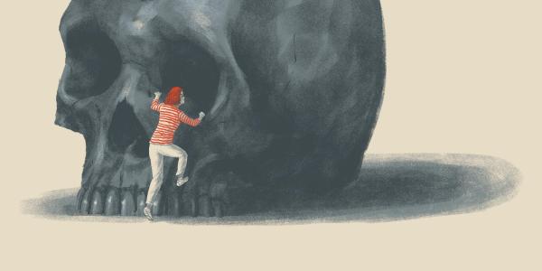 an illustration of a woman climbing on a skull