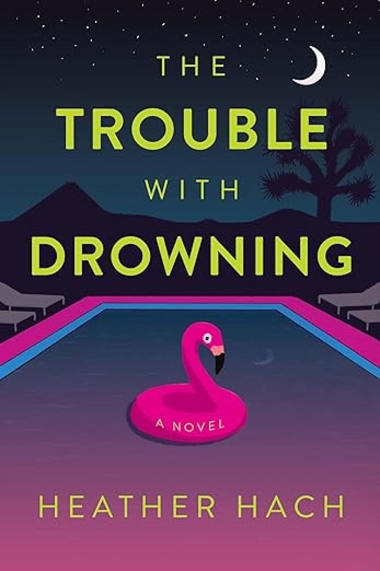 The cover features a pool at night with a pink flamingo and various shades of pinks and blues in the water with mountains behind it.