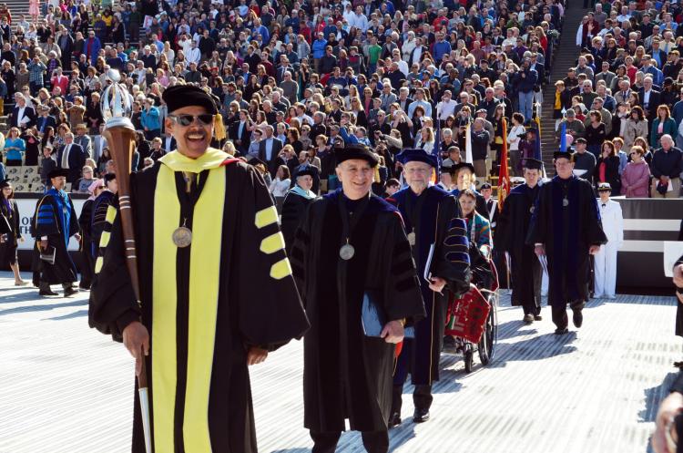 Phillip DiStefano, Russell Moore and other faculty attending a 2018 CU commencement ceremony.