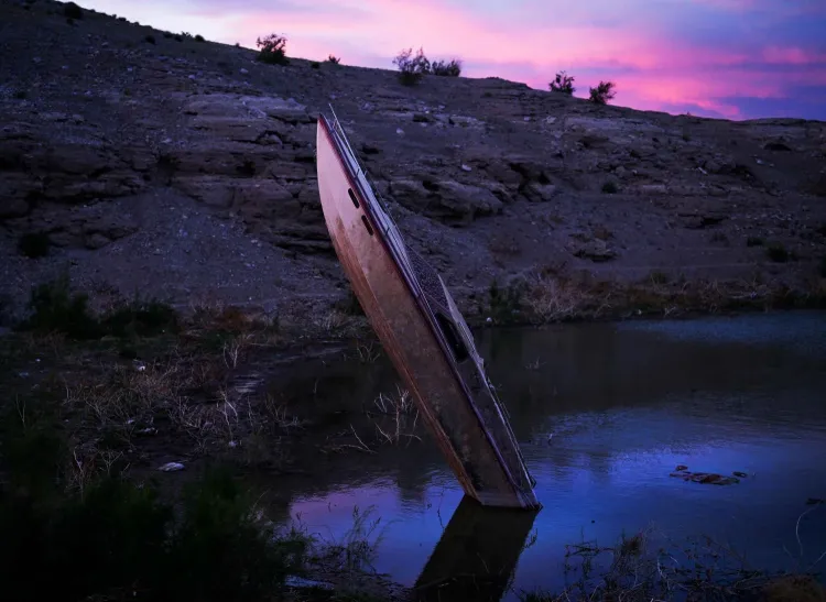 Sunken Boat Reemerges at a lake in Nevada