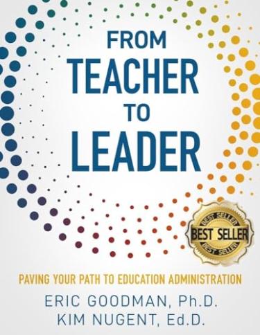 The cover is white with patterns of dots in a circle of multiple colors and the words "from teacher to leader" in large print