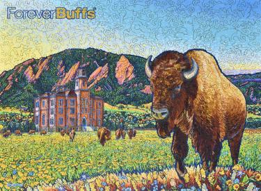 Forever Buffs puzzle design showing a buffalo in front of CU campus 