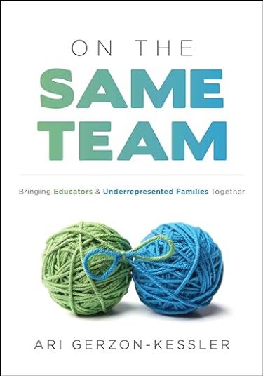 The cover is white with a green ball of yarn and a blue ball of yarn, strands of yarn from each ball form a bow