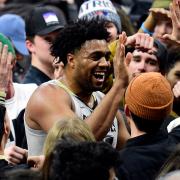 Evan Battey celebrating