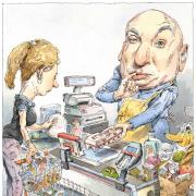 Illustration of Dr. Evil as grocery checker