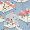 illustration showing employees working in bubbles connected by clear tubes