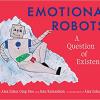 A cartoon robot lays down against a red background. 