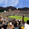 Rachel Maly's artwork depicts a football game at Folsom Field from the point of view of a fan in the stands.