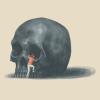 an illustration of a woman climbing on a skull