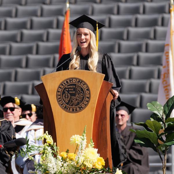 Emma Coburn giving commencement address