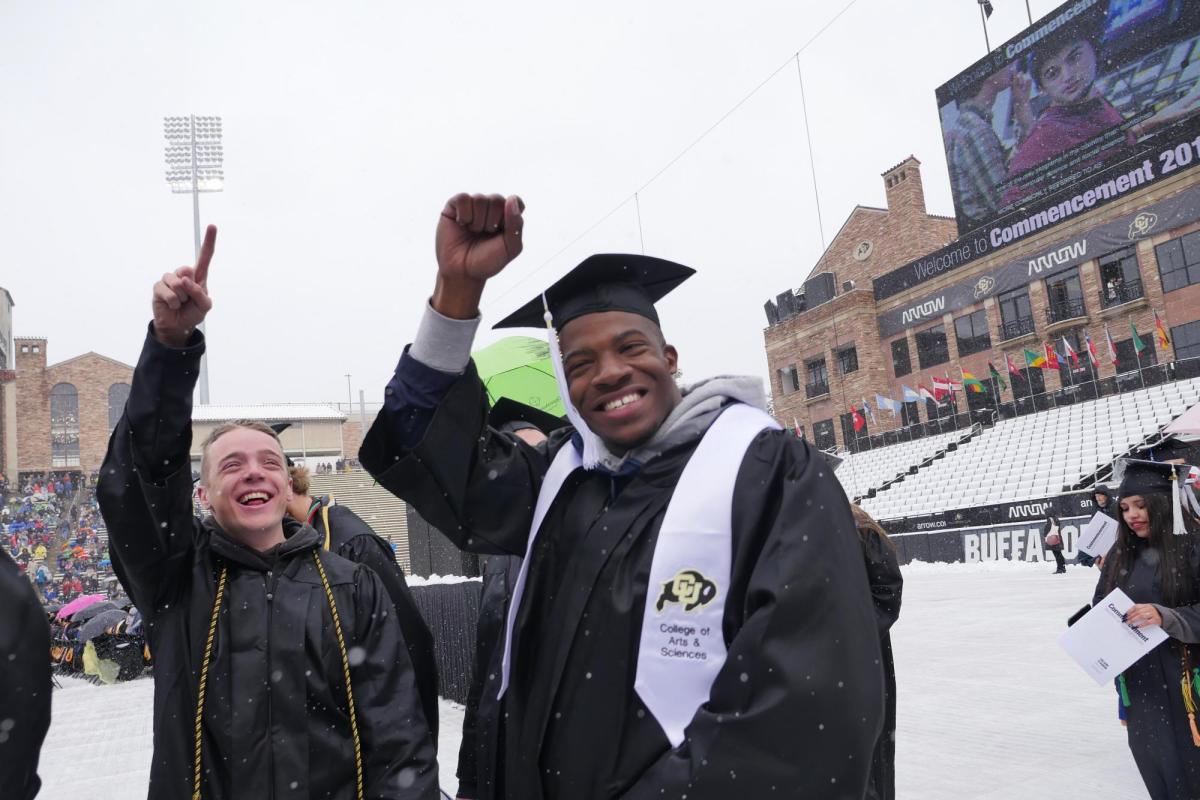 Graduates making their way to their seats on Folsom Field