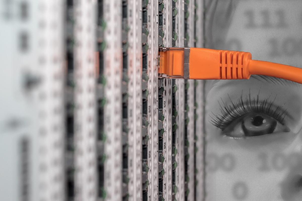 An illustration of a woman's eye looking at the back of a server