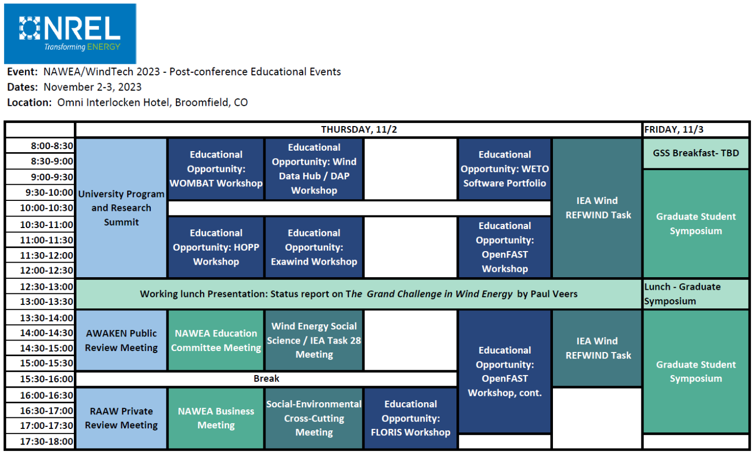 Agenda of workshops and side meetings after the NAWEA/WindTech 2023 Conference