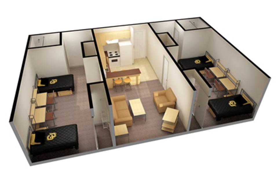 3D image with two double rooms, two bathrooms, living room, kitchen
