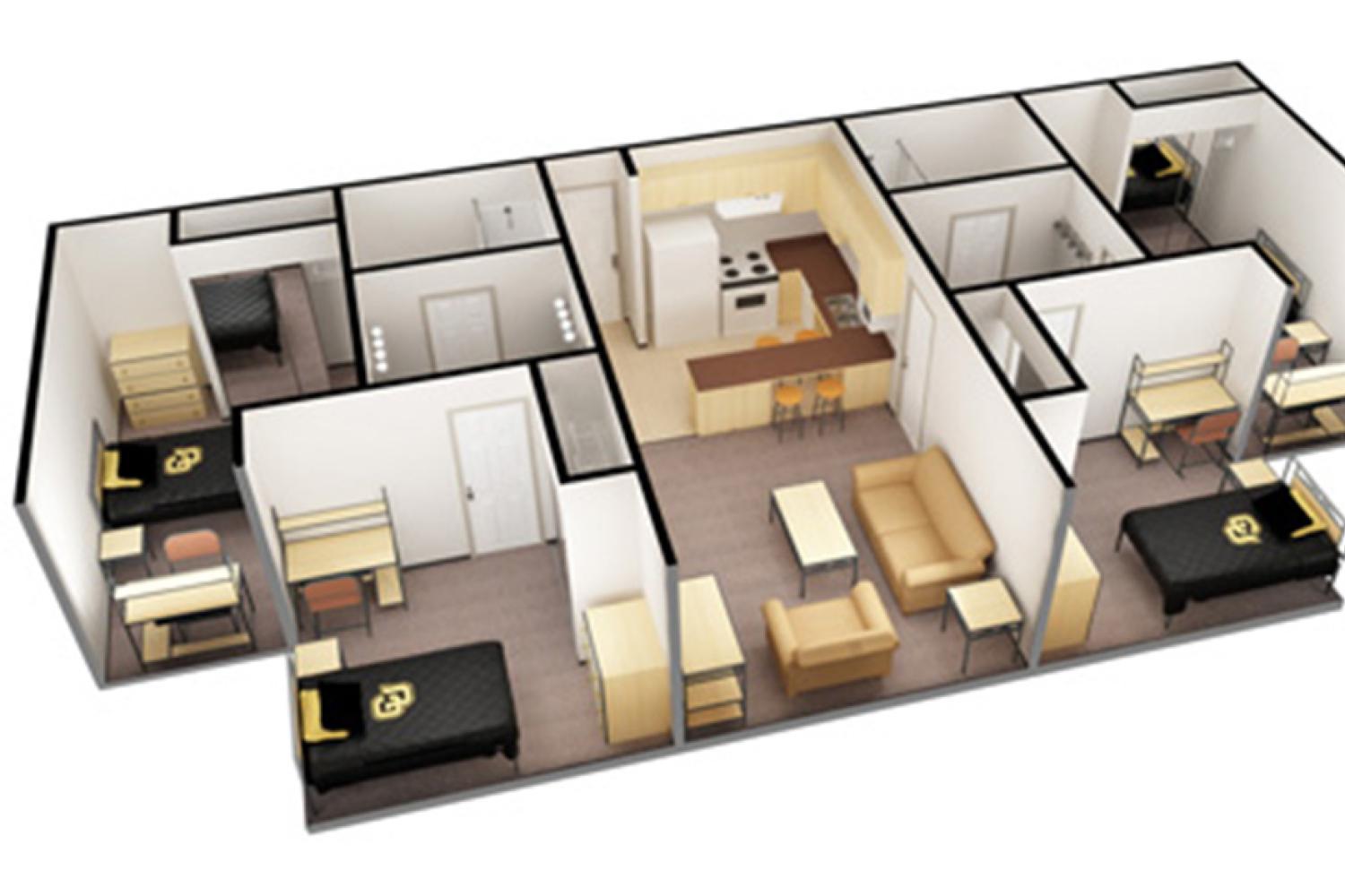 3D apartment layout - 4 single rooms surrounding living room and kitchen, two bathrooms