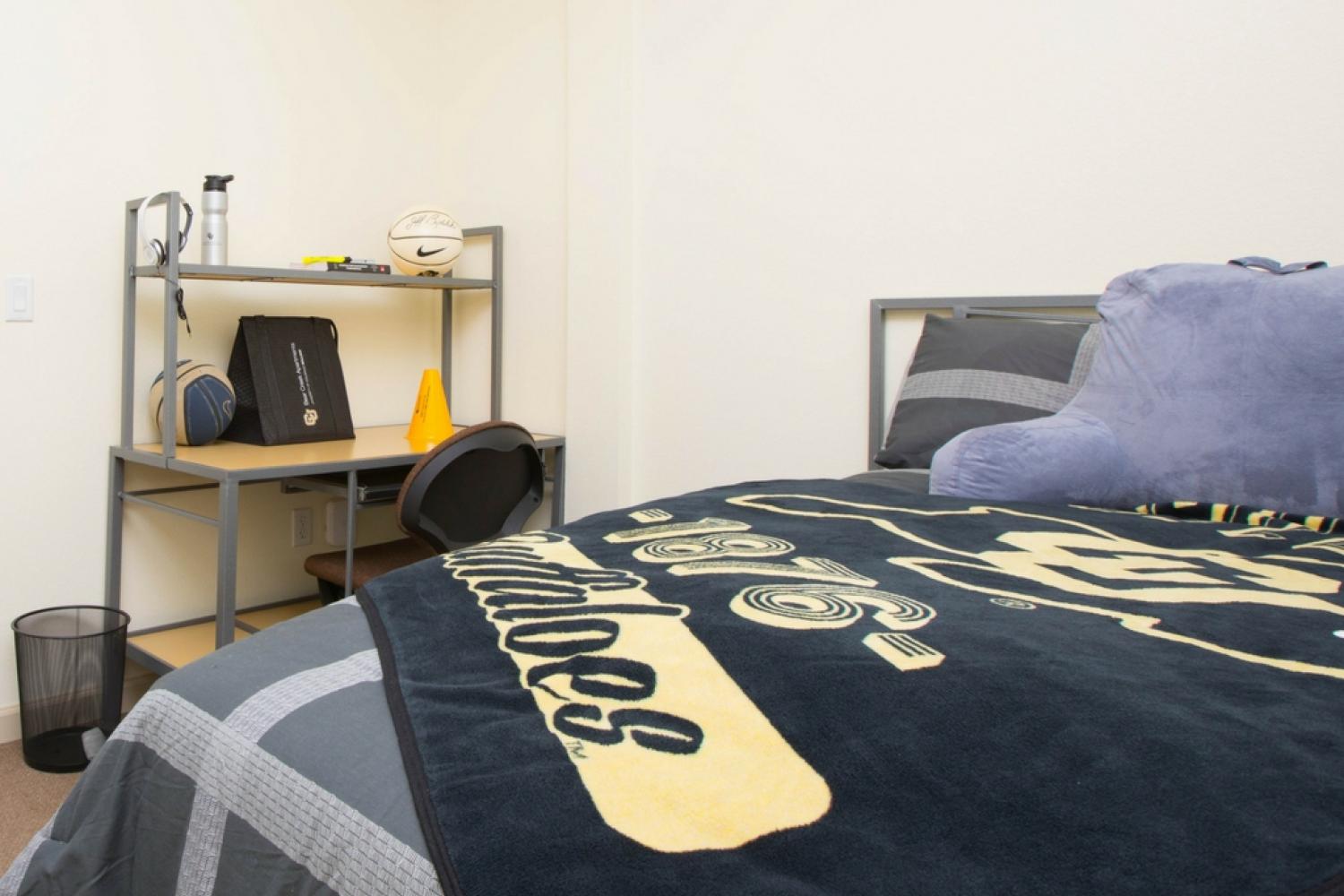 Bear Creek single room with bed, desk and chair, attached bathroom, carpet, window