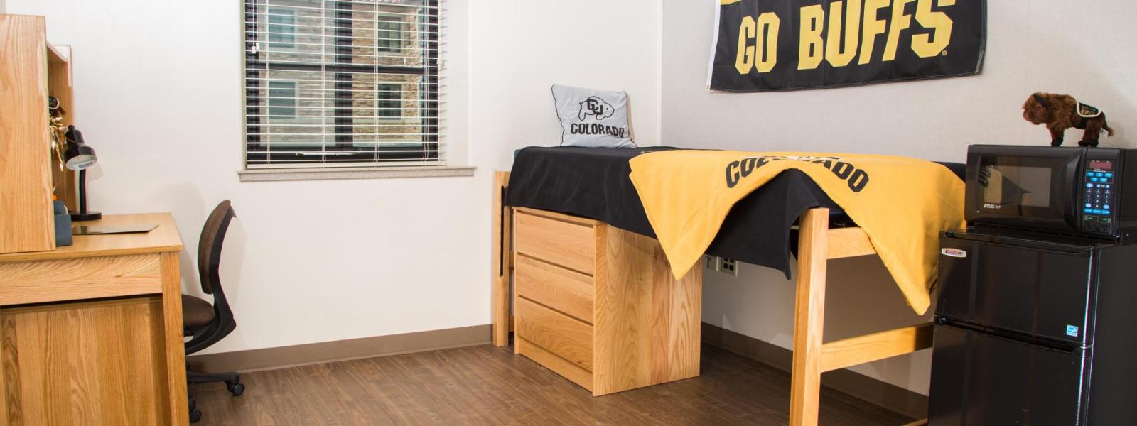 Single Baker Hall Room with bed, dresser, desk, chair