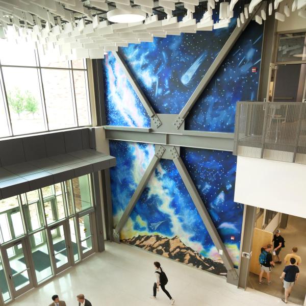 The lobby mural in the new Aerospace Engineering building at the University of Colorado Boulder. (Photo by Casey A. Cass/University of Colorado)