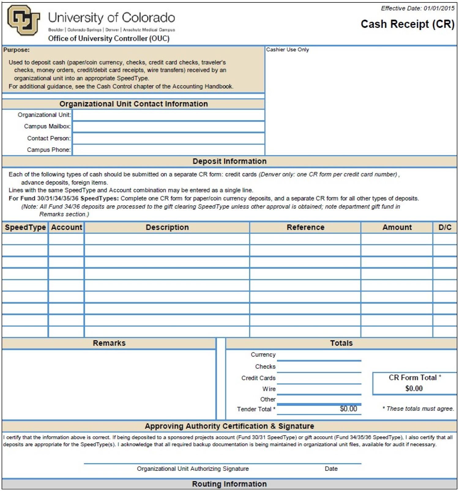 Screen shot of a cash receipt form