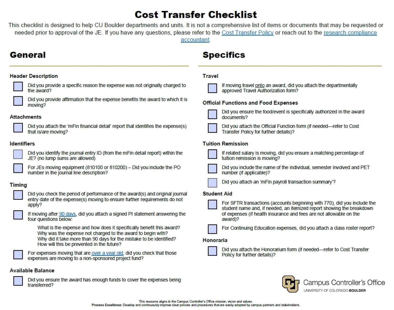 Cost Transfer Checklist