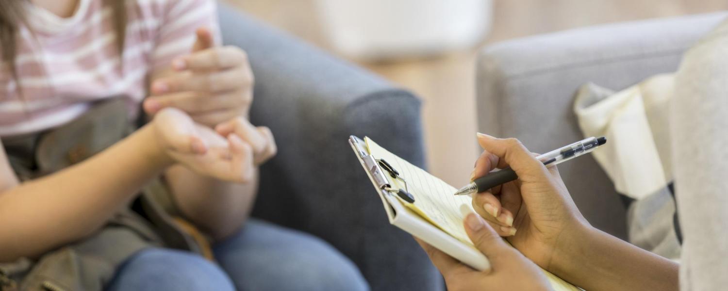Therapist taking notes with client
