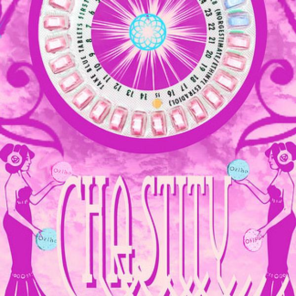 Chastity subvertisement using scanned birth control pills, created in Photoshop