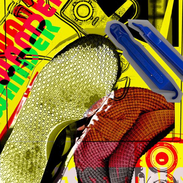 Scanned found image collage with clothing shoes and personal items