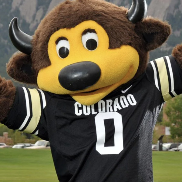 mascot of Chip the Buffalo, arms out in front of the Flat Irons mountains.