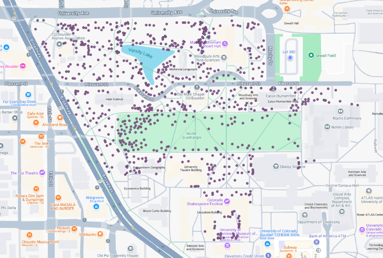 A screenshot of a GIS program showing dots representing trees in the Historic District of CU Boulder.
