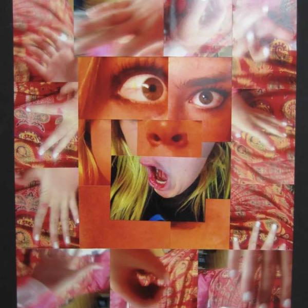 a collage of a female face and hands