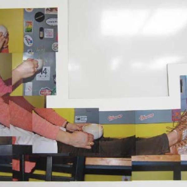 a collage of images of a girl sitting with her feet up on a desk