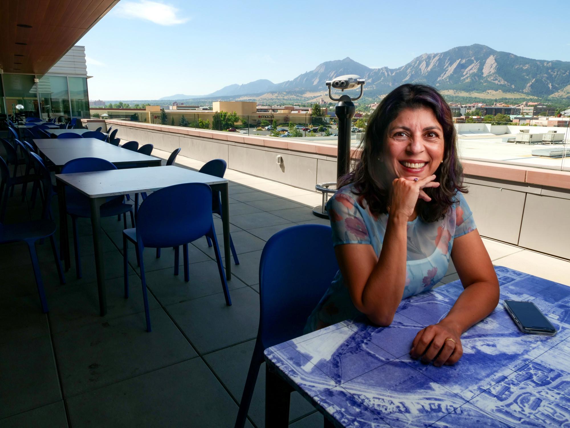 Bhavna today, on the balcony of the Google Boulder offices overlooking the Flatirons