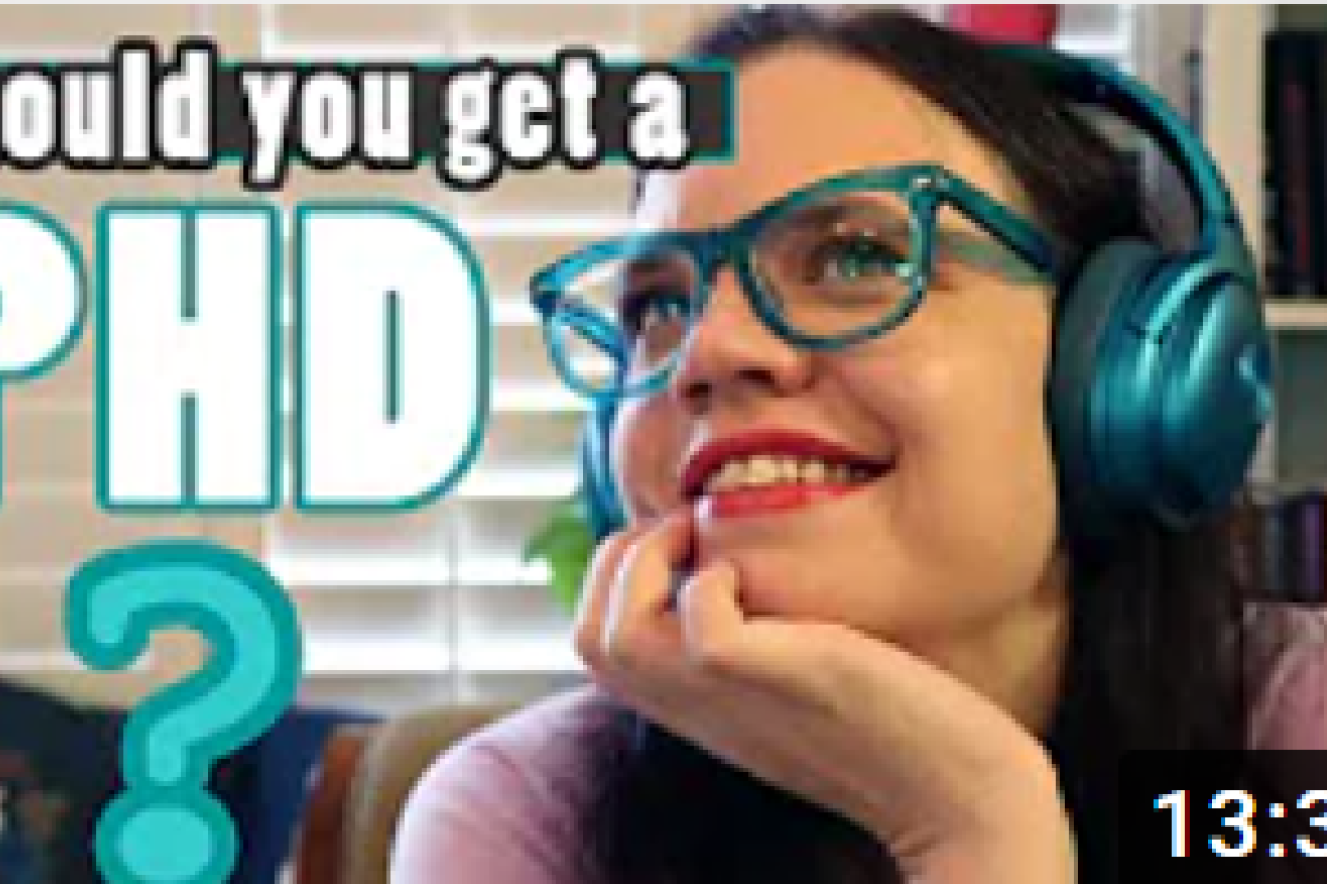A title screen from one of Casey's videos, reading "should you get a PhD?"