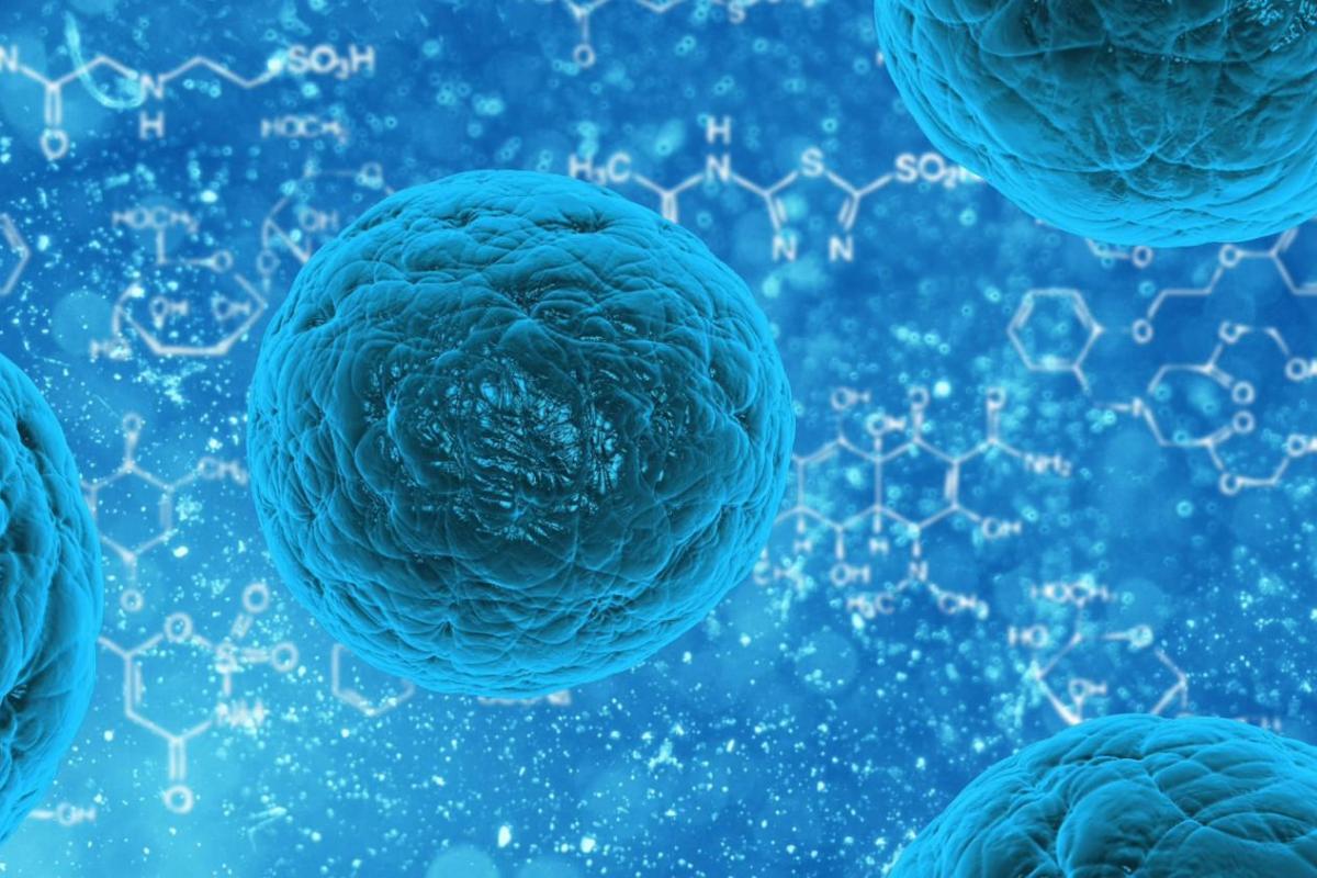 Spherical cells with various molecular structures in the background