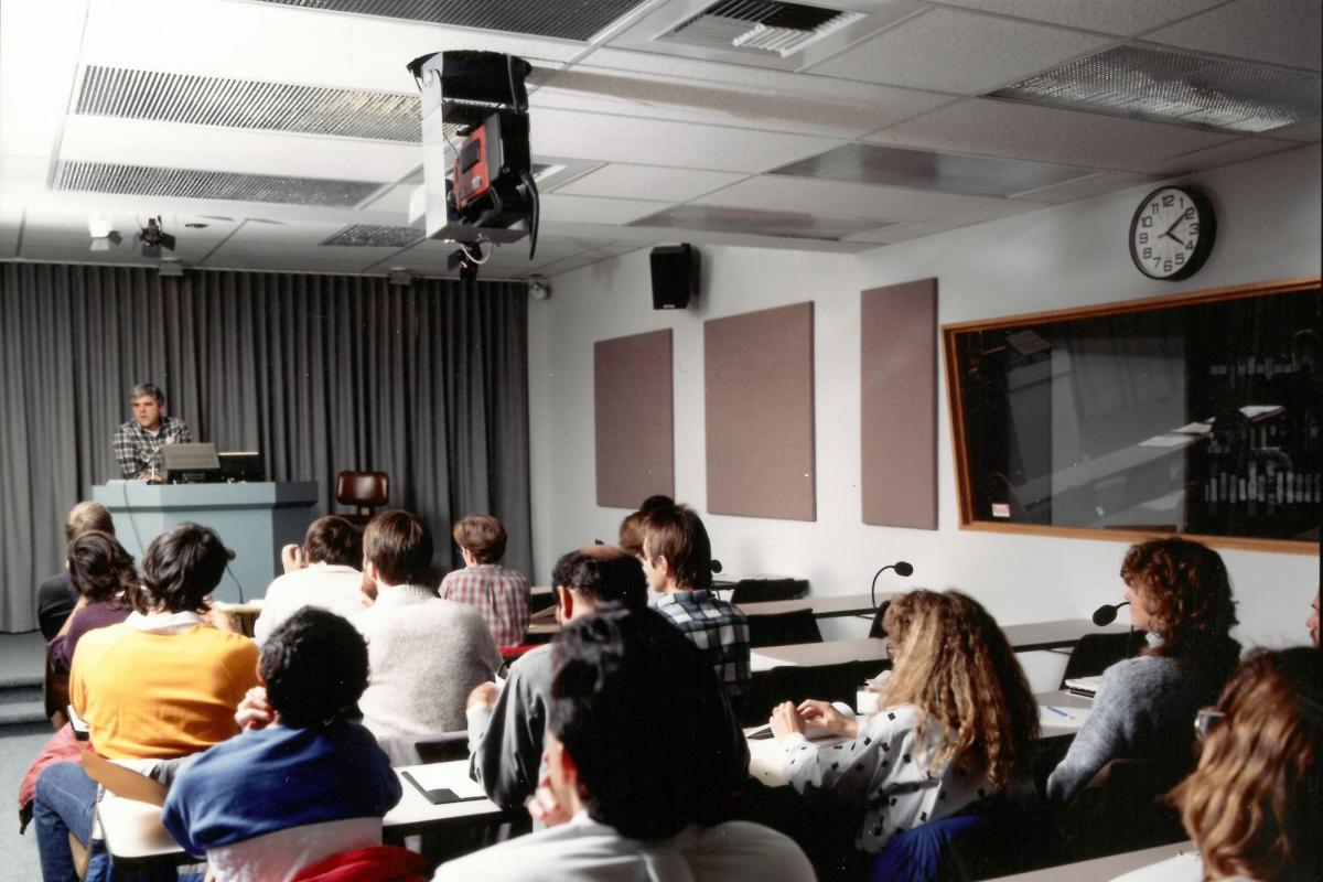 Clayton Lewis teaches in a distance learning classroom in the 1990s