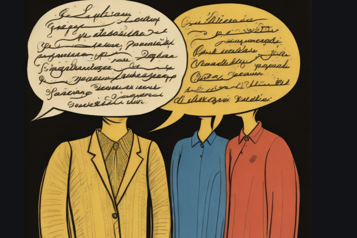 a pen and ink sketch of two people speaking to one other with different squiggles in speech bubbles to show two different languages being spoken by imagine.art