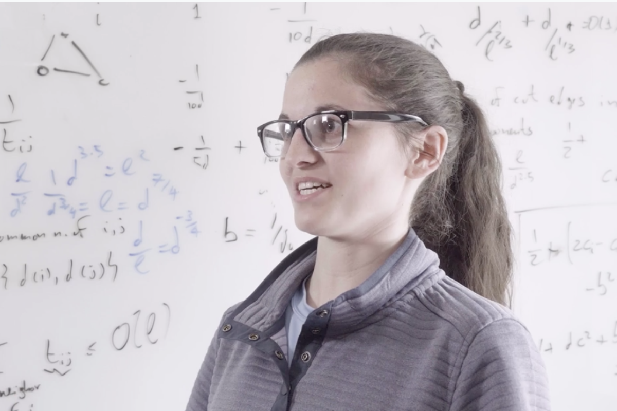 A person with long hair and glasses stands in front of a whiteboard with math equations
