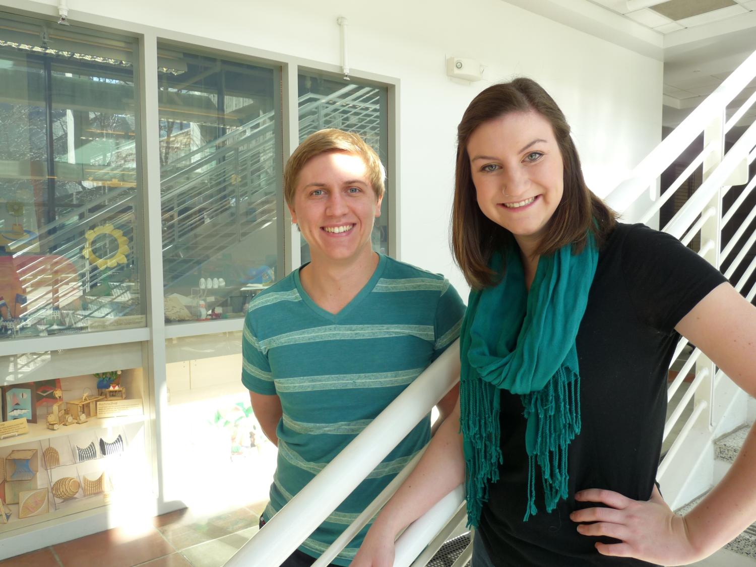 Topplers winners Austin Holler and Julia Heil on the staircase in the DLC.