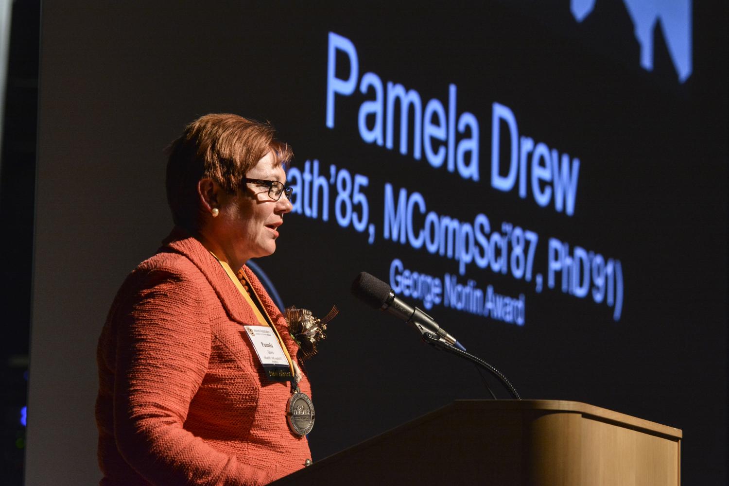 Pam Drew gives remarks at the Norlin award ceremony.