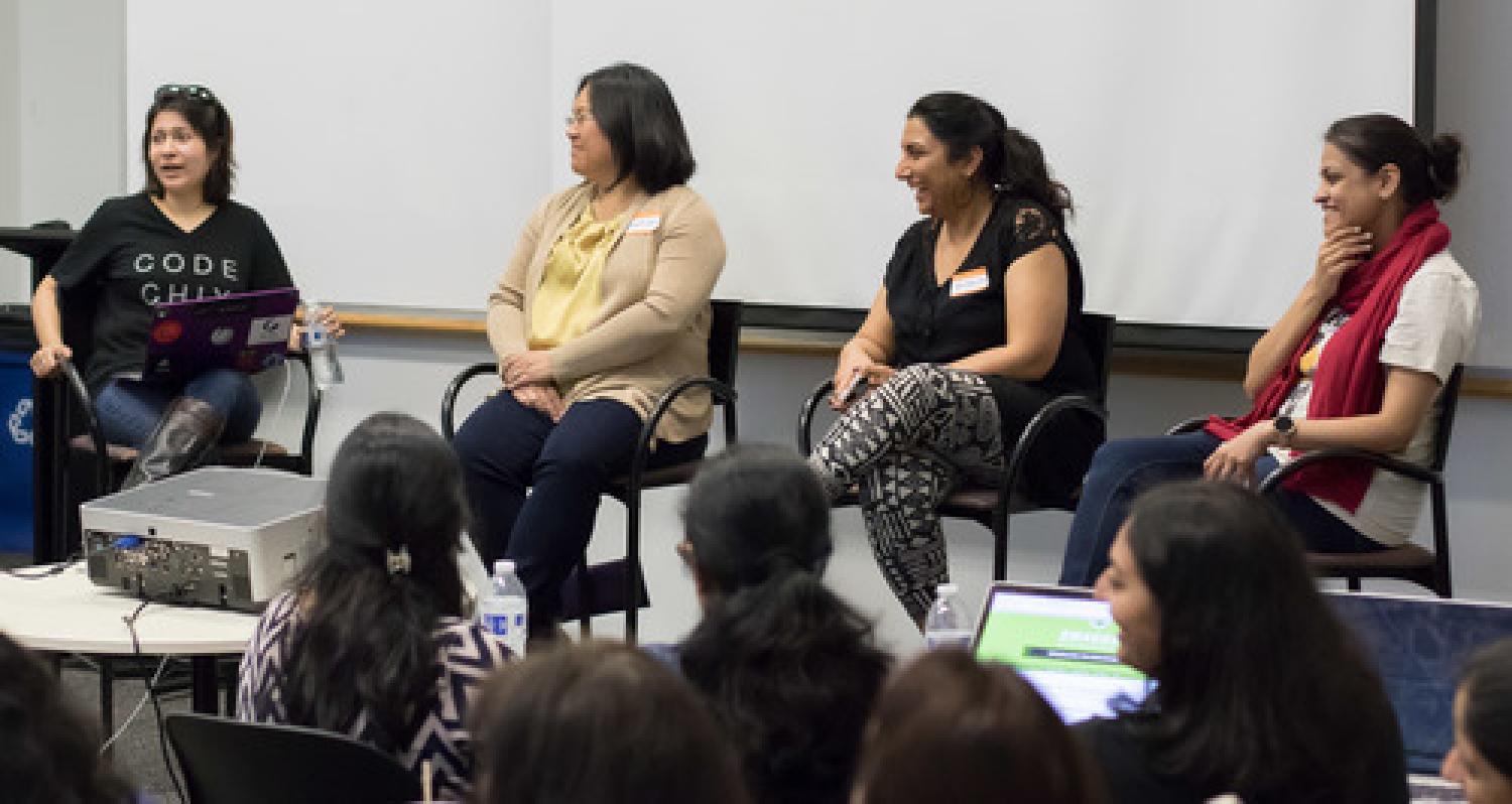 Rupa Dachere, left, leads a panel at DevPulseCon 2015