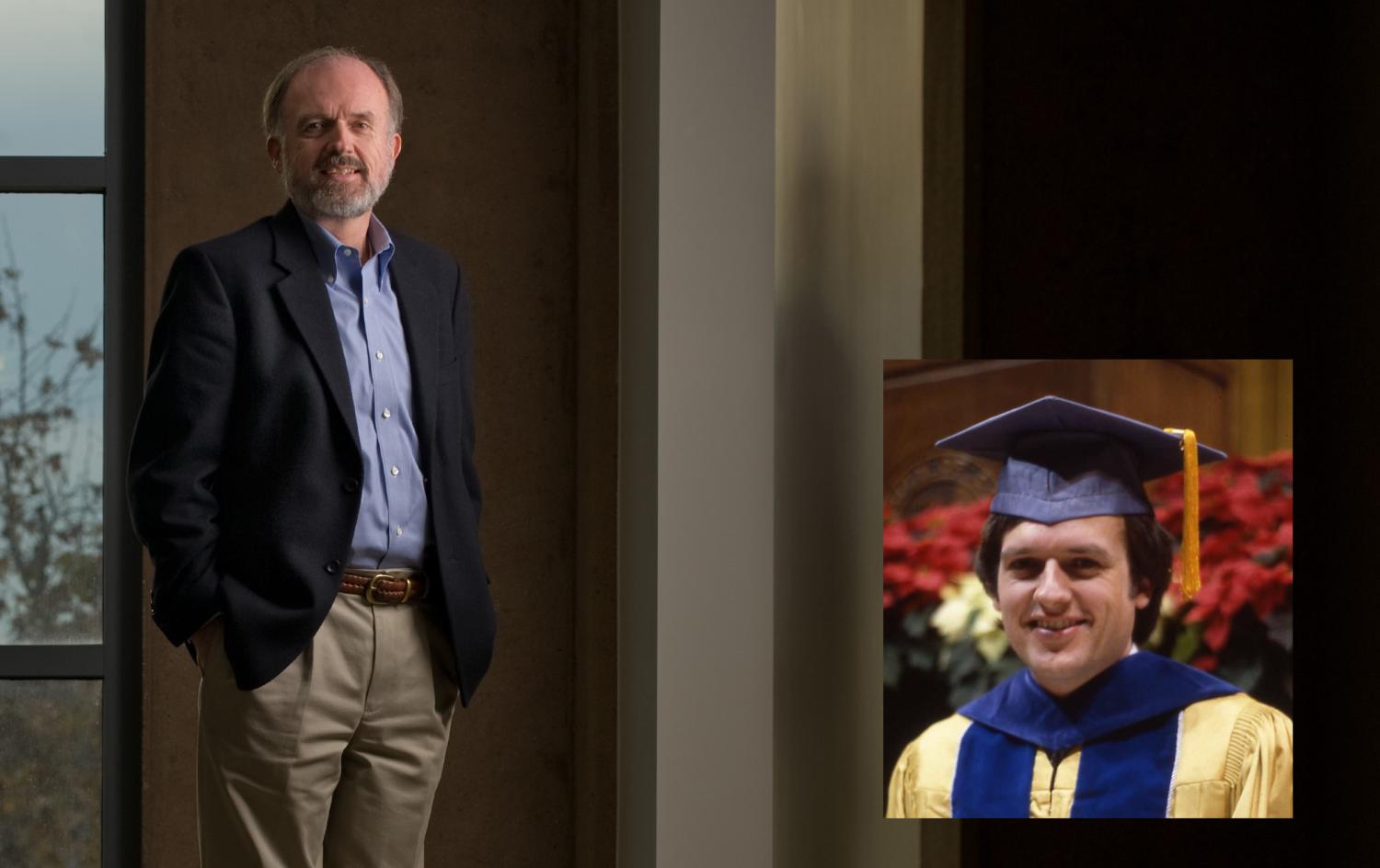 Richard Taylor at the time of his retirement and at his CU graduation in 1980 (inset)
