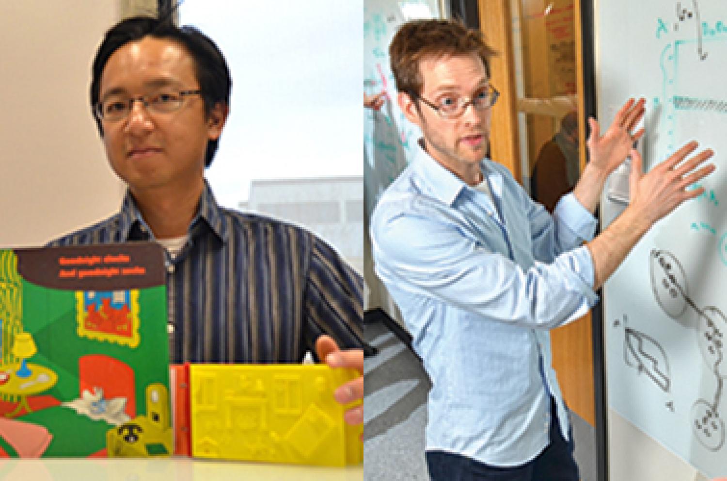 At left: Tom Yeh with a tactile picture book. At right: Aaron Clauset discusses big data problems at a whiteboard.