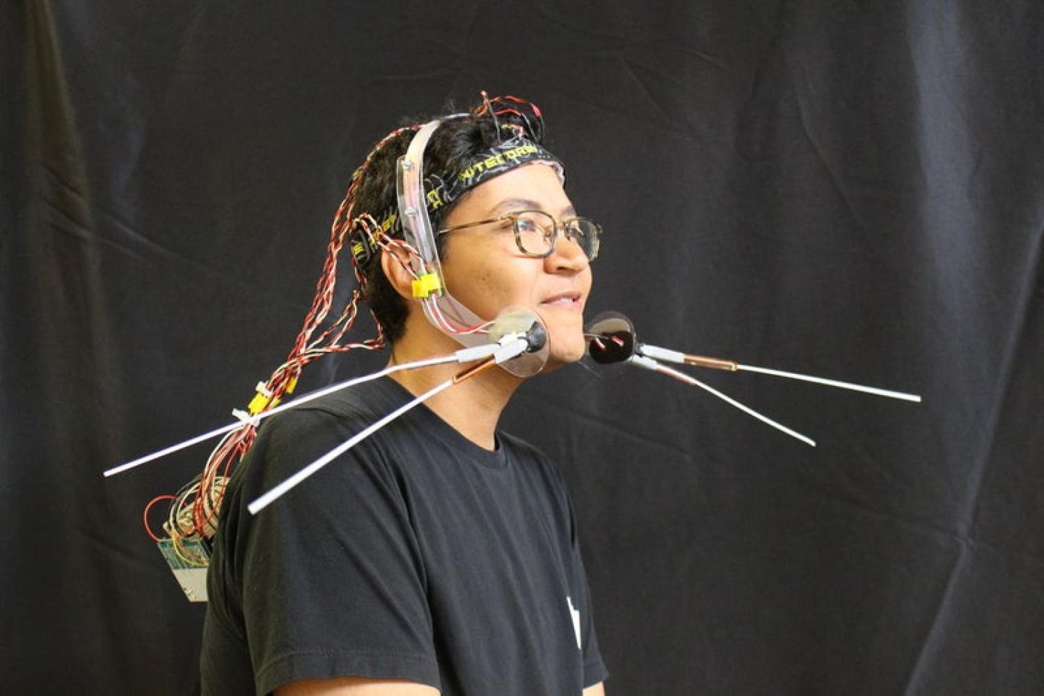 Chris Hill wearing his cat-whisker prototype